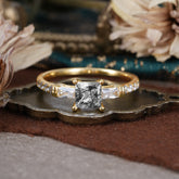 Classic Princess Cut Black Rutilated Quartz Promise Ring Side Stone Bridal Ring